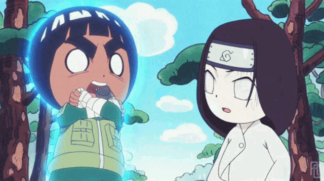 a cartoon character with the letter g on their head stands next to another character