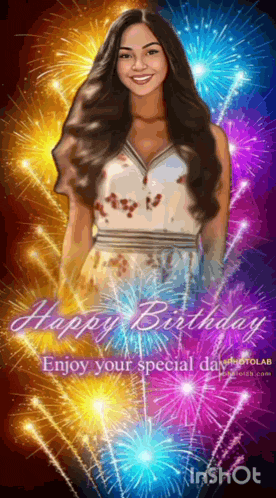 a cartoon of a woman with fireworks behind her and the words happy birthday enjoy your special day