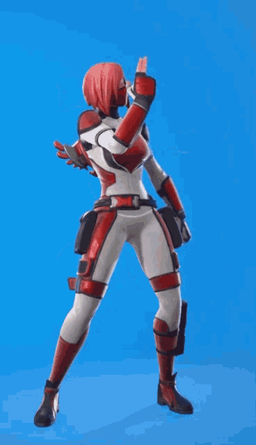 a woman in a red and white costume is dancing on a blue background .