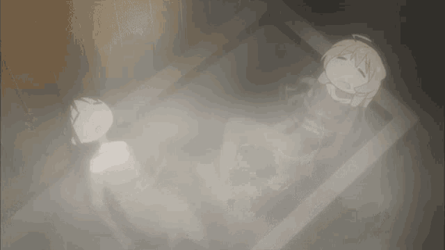 two anime characters are laying in a bathtub covered in smoke