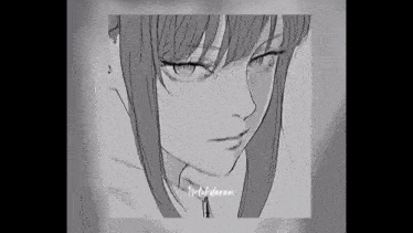 a black and white drawing of a girl with long hair