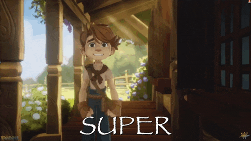 a cartoon character is standing in a hallway with the word super above him