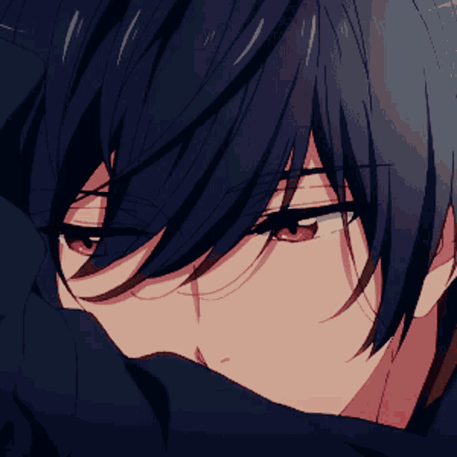 a close up of a anime character covering his face with his hand
