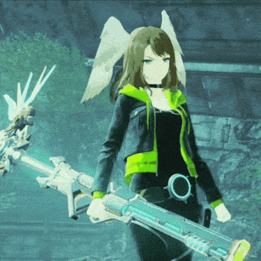 a girl with wings is holding a large sword