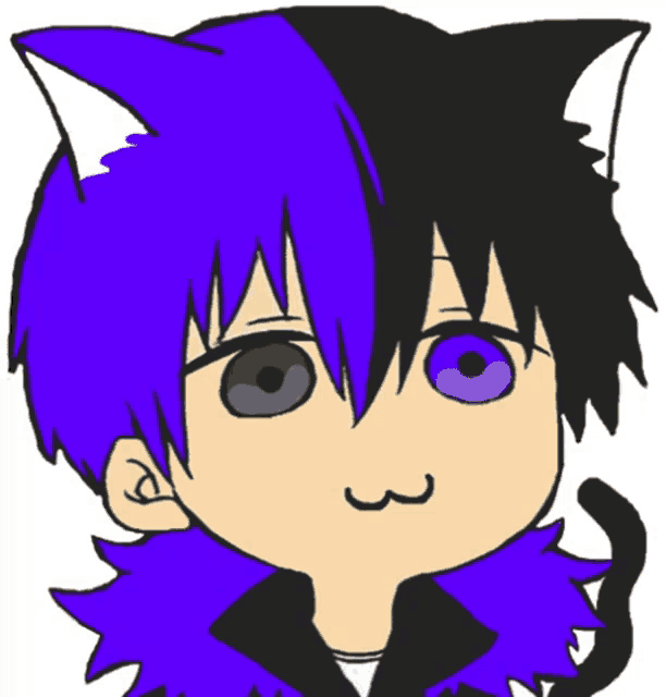 a cartoon drawing of a person with purple hair and cat ears