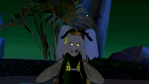 a cartoon character with bee wings is standing in a dark forest