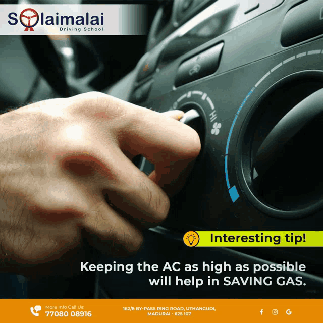 an advertisement for solaimalai driving school shows a person adjusting the air conditioning