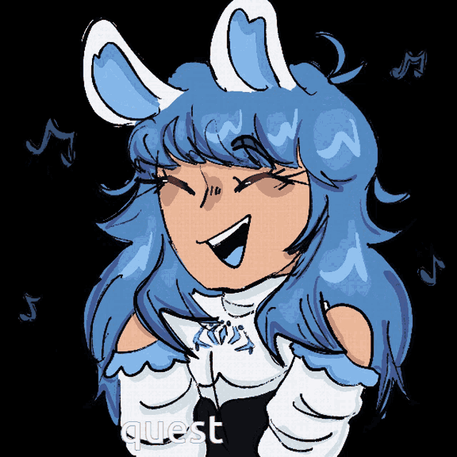 a drawing of a girl with blue hair and white bunny ears and the word quest below her