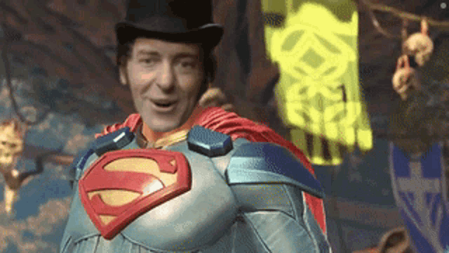 a man in a superman costume is wearing a top hat and smiling