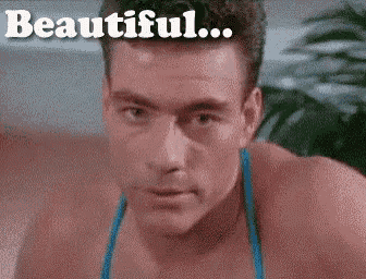 a man in a blue tank top is looking at the camera with the words beautiful written above him .