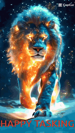 a painting of a lion with the words happy tasking below it