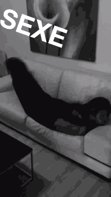 a black and white photo of a person laying on a couch with the word sexe in white letters