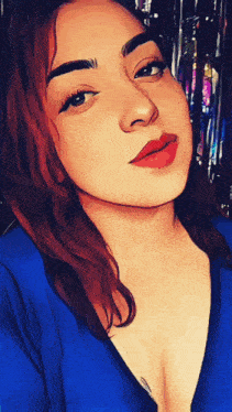 a cartoon drawing of a woman with red lips and a blue shirt