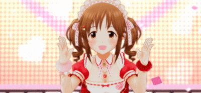 a girl in a maid outfit is waving her hands in the air