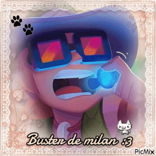 a picture of a person wearing sunglasses and the words buster de milan 83 on the bottom