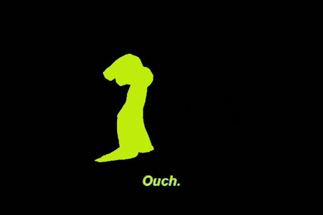 a blue drawing of a person with the word ouch underneath it