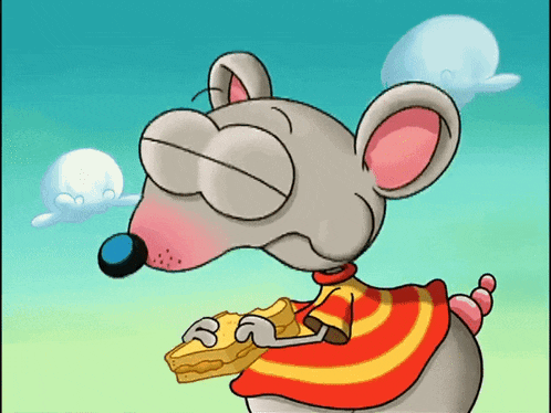 a cartoon mouse holding a piece of cheese with the letter s on it