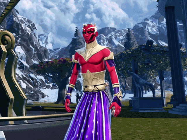 a video game character with red and purple clothes
