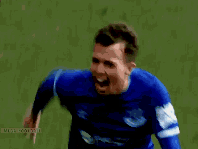 a soccer player wearing a blue jersey that says everton