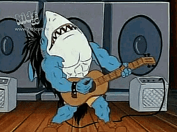 a cartoon shark is playing a guitar in front of a nickelodeon logo