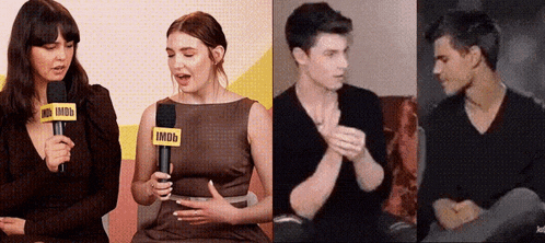 a woman is holding a microphone and a man is holding another microphone .