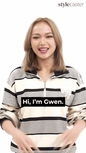 a woman wearing a striped shirt with the words hi i 'm gwen on it