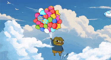 a frog is holding a bunch of balloons in the air