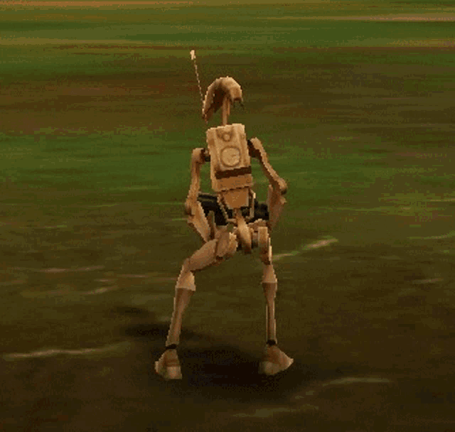 a robot in a video game is holding a gun and has the letter o on his back