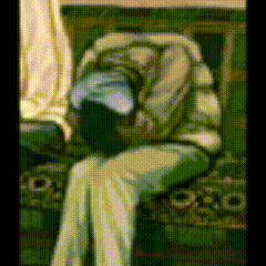 a painting of a man sitting in a chair with his head down