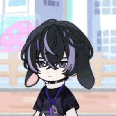 a cartoon character with black hair and purple highlights is wearing a black shirt and a necklace .