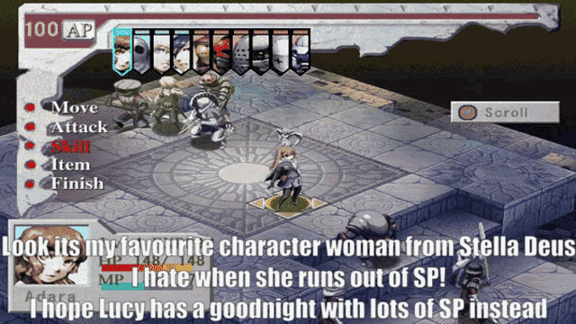 a screenshot of a video game with the words " look its my favourite character woman from stella deva " on the bottom