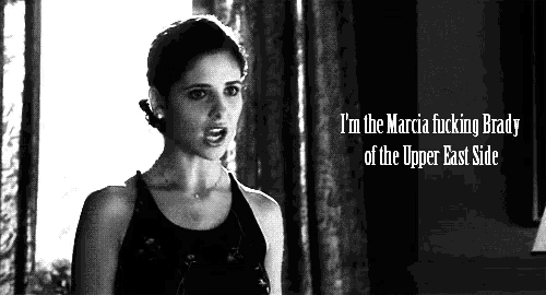 a black and white photo of a woman with the words i 'm the marcia fucking brady of the upper east side below her