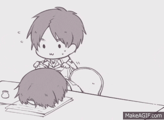 a black and white drawing of a boy sitting at a table with a piece of bread