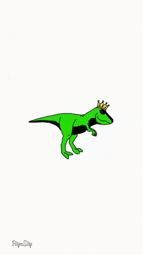 a green dinosaur with a crown on its head is walking on a white background .