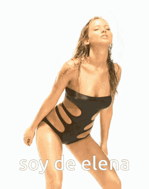 a woman in a black swimsuit with the words soy de elena below