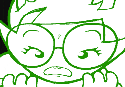 a green and white drawing of a cartoon character