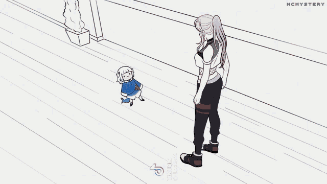 a black and white drawing of a girl standing next to a girl laying on the floor ..