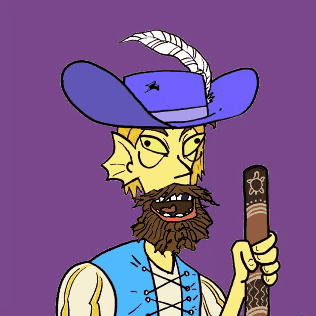 a cartoon drawing of a man with a beard and a hat that says huzzaah on it