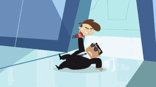 a cartoon of a man in a suit laying on the floor with another man