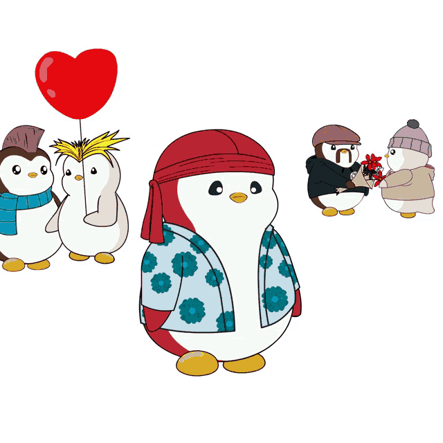 a penguin holding a red heart shaped balloon surrounded by other penguins