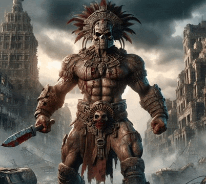 a statue of a warrior with a bloody knife in his hand