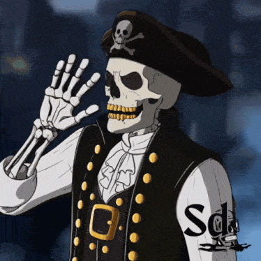 a cartoon of a skeleton wearing a pirate hat with a skull and crossbones on it