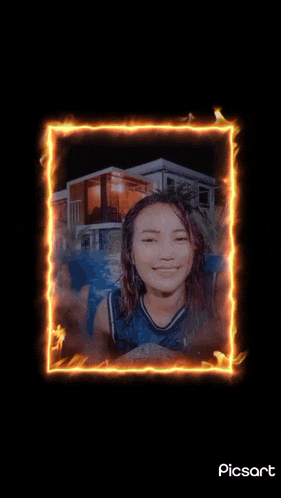 a picture of kazee solidjam with a fire frame around her