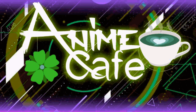 an anime cafe logo with a cup of coffee