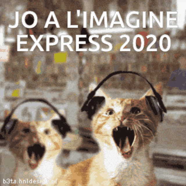 two cats wearing headphones with the words " jo a l' imagine express 2020 " above them