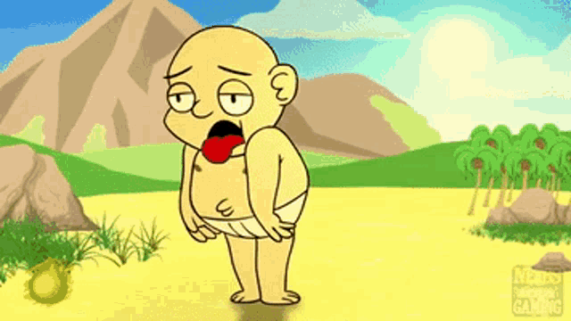 a cartoon of a man in a diaper standing in a field