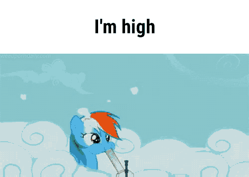 a cartoon of a pony smoking a bong with the words i 'm high below it