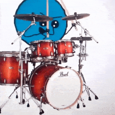 a pearl drum set with a cartoon face on the drum head