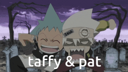 two cartoon characters are standing next to each other in a cemetery and the words taffy & pat are on the bottom