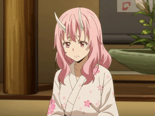 a girl with pink hair and horns is wearing a white kimono with flowers on it